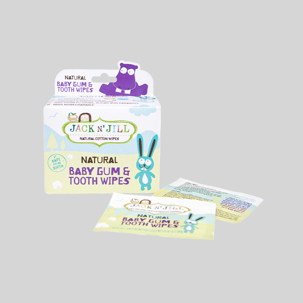 Individually-wrapped natural cotton baby gum & tooth wipes fragrance free